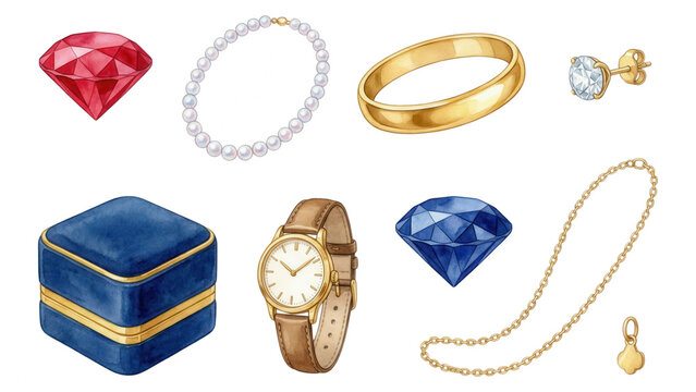 Jewelry Set Watercolor Illustration: Gems, Pearls, Gold on White