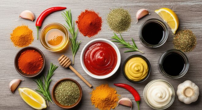 Various condiments and spices arranged on a wooden table.