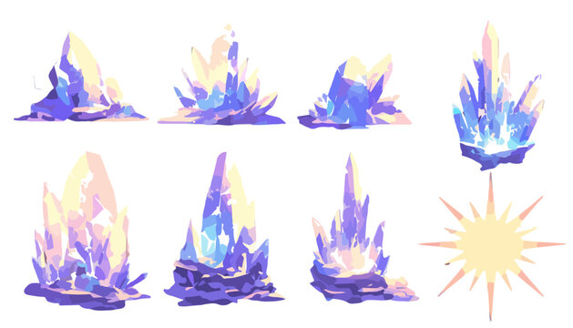 Set di illustrazioni stilizzate di cristalli luminosi viola e blu con effetto sfondo trasparente.