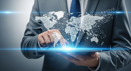 Close-up of a man in a gray suit holding a tablet that displays a digital world map with blue lighting effects, symbolizing global technology and connectivity.