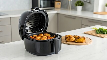 Air Fryer &mdash; Air fryer basket opening with cooked food, modern healthy cooking appliance