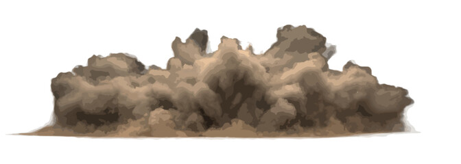 Nuvola di polvere marrone isolata su sfondo bianco, effetto esplosione o impatto su terreno secco.