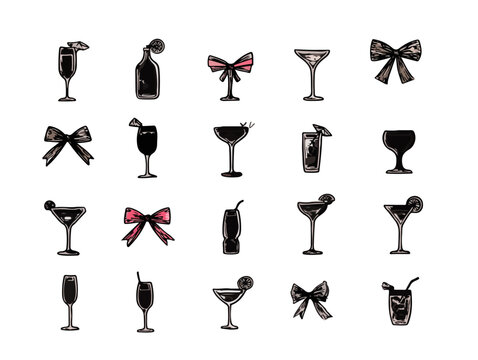 Set di icone vettoriali nere per cocktail, bevande e fiocchi decorativi, isolati su sfondo trasparente.