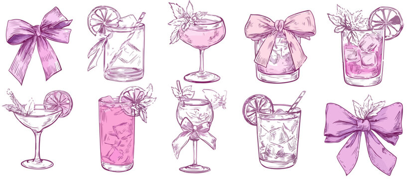 Set di cocktail estivi rosa disegnati a mano con fiocchi viola, illustrazione vettoriale trasparente.