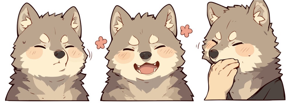 Set di tre illustrazioni vettoriali di un lupacchiotto carino che esprime gioia, risata e divertimento su sfondo trasparente.