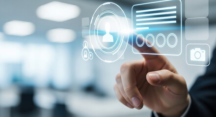 A man touching virtual user interface with blue tones, set in a modern office. Focus on technology and digital interaction for business applications.