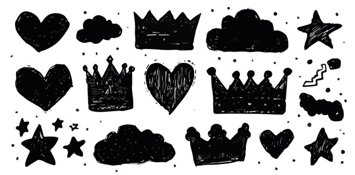 Set di icone disegnate a mano in stile schizzo nero: cuori, corone, nuvole e stelle su sfondo trasparente.