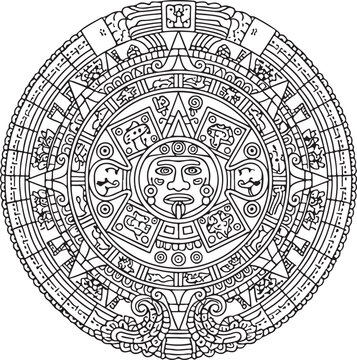 Intricate aztec calendar stone with a central face and detailed circular designs