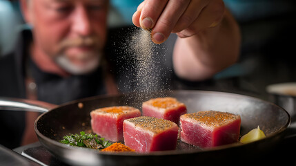 Close-up of a chef seasoning fresh tuna steaks in a sizzling pan, showcasing culinary artistry and gourmet cooking techniques in a vibrant kitchen.