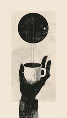 A black hand holds a coffee cup below a large dark circle with hanging lines