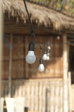 String lights hanging in front of a traditional Balinese bamboo warung with a thatched roof, softly lit by warm morning sunlight