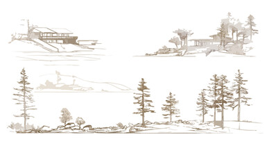 잔디와 나무가 있는 언덕에 현대식 주택과 해안 풍경을 묘사한 스케치