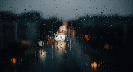 Raindrops on a window with blurred lights in the background.