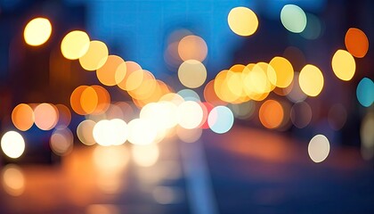 A blurred photograph showing the lights of a city street at night, creating soft, circular patterns