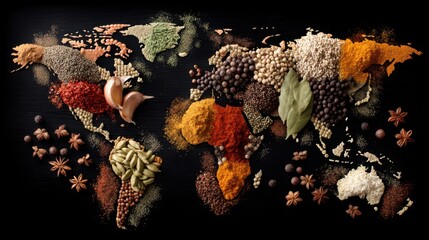 A creative display features a world map made from different spices arranged on a dark surface. Each region highlights unique spices representing local flavors.