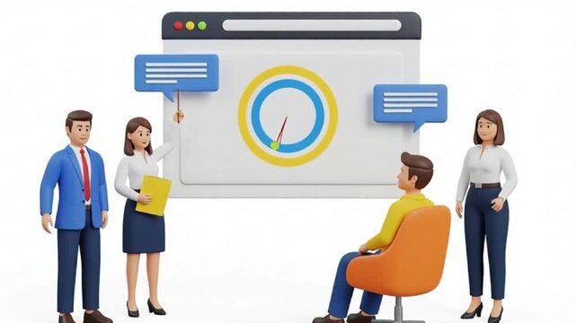 Business professionals discussing a project around a large browser window displaying a clock
