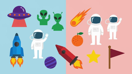 Space-themed cartoon elements with astronauts and aliens on a split background. © Abhinaya Project