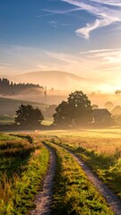 A dirt path winds through a sun-drenched field towards misty trees and distant hills under a blue sky at sunrise
