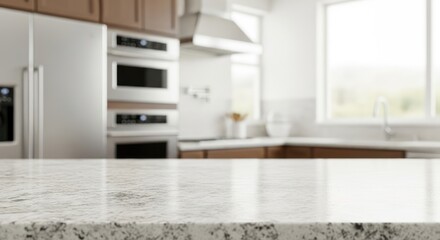 Fototapeta premium A modern kitchen with a white countertop and stainless steel appliances.