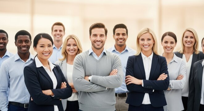 A diverse group of business professionals standing together in a modern office setting. - Powered by Adobe