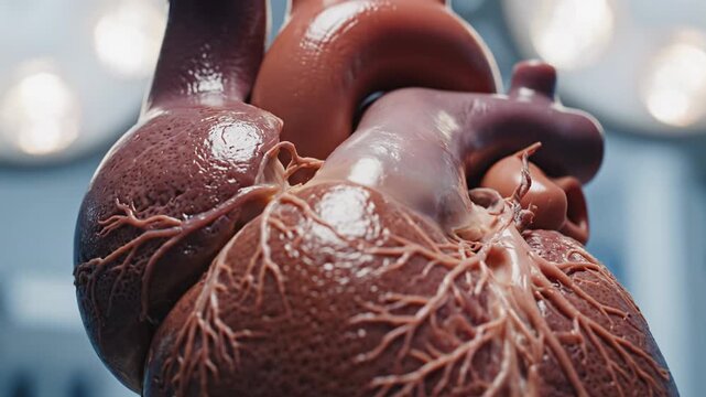 Human Heart 3D Render with Purple Red Tones Showing Cardiac Anatomy and Muscle Tissue