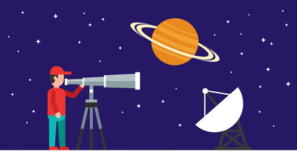 Person looking through a telescope at Saturn in starry night sky next to a satellite dish © Abhinaya Project