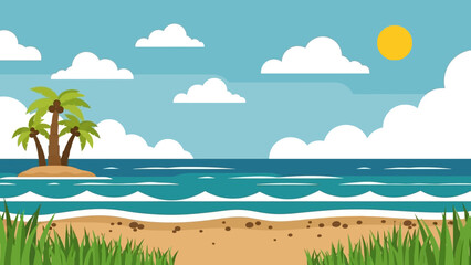 Vibrant Tropical Island Paradise with Palm Trees, Sandy Beach, and Azure Ocean Waters under a Sunny Sky