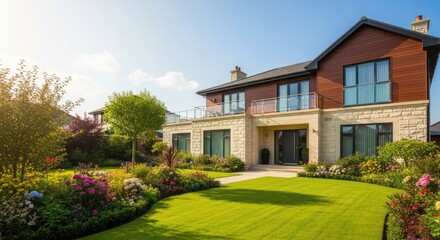 A large, modern house with a green lawn and a garden, featuring a wooden front porch and a balcony with glass railings.