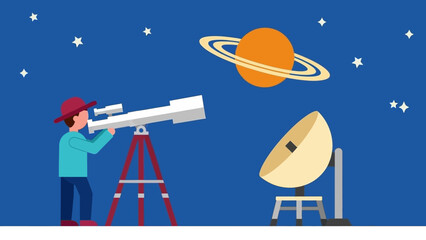 A person observes Saturn through a telescope under a starry night sky next to a satellite dish © Abhinaya Project