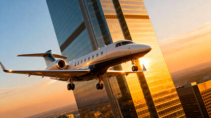 A private jet soaring through the sky next to a skyscraper at sunset