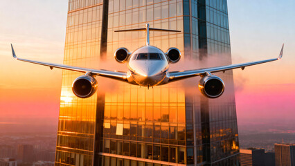 A private jet flying past a skyscraper, with the sun setting in the background, creating a stunning scene. The sleek aircraft is perfectly aligned with the tall building.