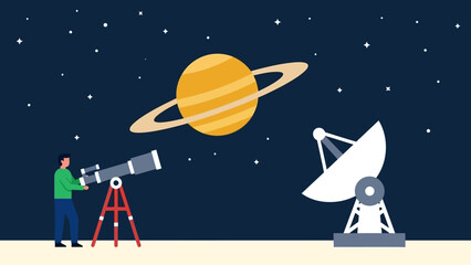 Observing the cosmos with a telescope and radio dish under a starry night sky with Saturn © Abhinaya Project