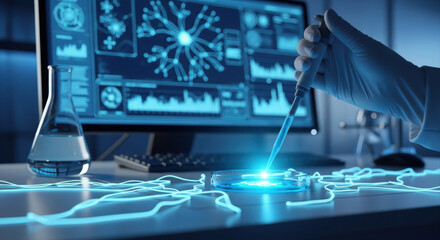 Close-up shot of a scientist in a lab pipetting liquid into a petri dish. The setup includes a monitor displaying blue graphics, all under bright light.