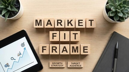 Wooden cubes spelling 'Market Fit Frame' on modern desk, simple graph displayed