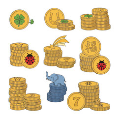 A collection of illustrations depicting various stacks of gold coins with lucky symbols and an elephant, representing fortune and good luck.