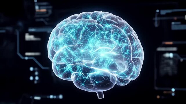 3D Visualization of Human Brain with Glowing Blue Neural Networks and Synapses