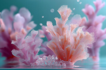 Vibrant coral formations in serene water, showcasing intricate textures and soft colors. A peaceful and enchanting underwater landscape.