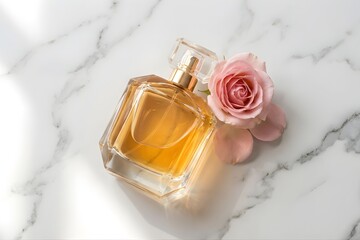 Elegant Perfume Bottle with Fresh Flower on White Marble Table
