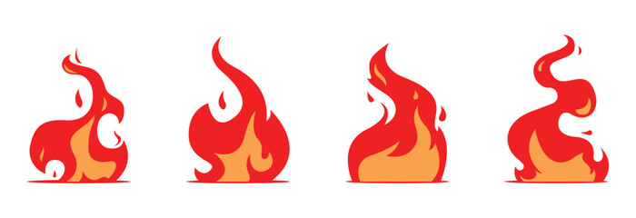 Fire flames, bright fireball, heat wildfire and red hot bonfire, campfire, red fiery flames isolated vector illustration set. 