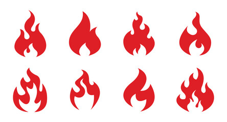 Fire flames, bright fireball, heat wildfire and red hot bonfire, campfire, red fiery flames isolated vector illustration set. Animated form and square, fireball and flame	