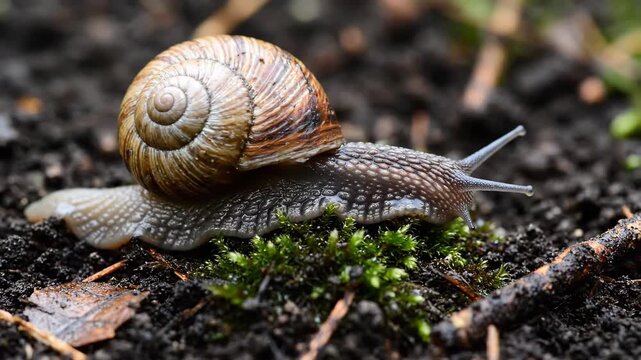 Snail moving slowly on damp soil with moss