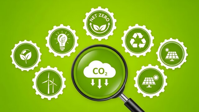 Magnifying glass examining CO2 emissions reduction surrounded by various green energy and environmental sustainability icons on a vibrant green background. - Powered by Adobe