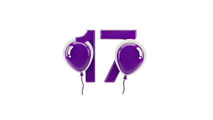 3D Purple Number 17 with Balloons on transparent background