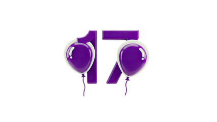 3D Purple Number 17 with Balloons on transparent background