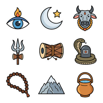 Lord Shiva Vector Icon Set. Hindu Deity Symbols Collection including Trishula, Damru Drum, Nandi Bull, Crescent Moon, and Lingam. Flat Outline Religious Illustration.