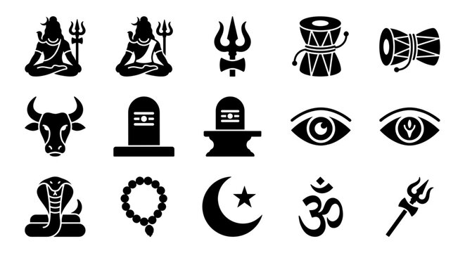 Lord Shiva Vector Icon Set Silhouette Collection Featuring Hindu Deity Mahadev Symbols like Trishul Damru Nandi and Lingam in Black Solid Glyph Style for Religious Design