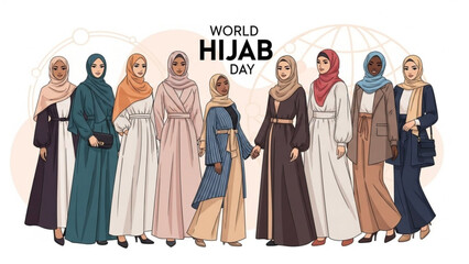 Diverse group of women wearing traditional clothing and hijabs celebrating cultural identity on World Hijab Day