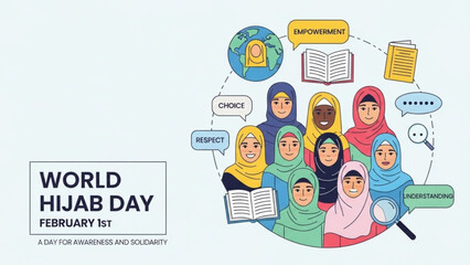 Diverse group of women wearing hijabs promoting awareness and solidarity on World Hijab Day