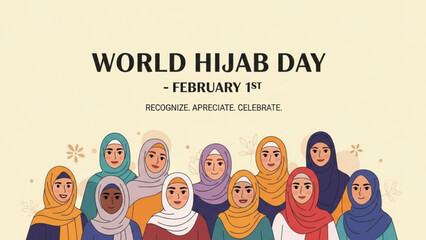 Diverse group of women wearing hijabs celebrating World Hijab Day on February 1st with unity and solidarity