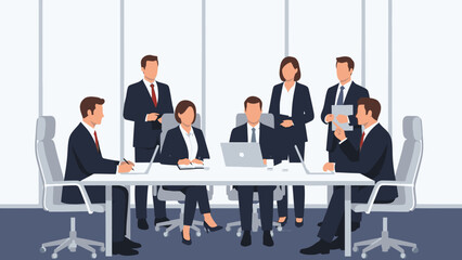 Illustration of a corporate formal meeting with a diverse team in a modern office setting, collaborating around a laptop on a sleek table.